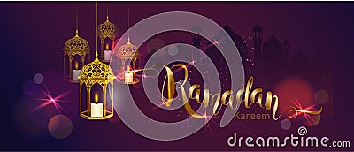 Ramadan Kareem with crescent moon gold luxurious crescent,template islamic ornate element for greeting card Stock Photo