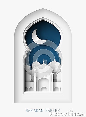 Ramadan Kareem 3d abstract paper cut illustration. Window with islamic mosque. moon and blue sky. Vector Illustration