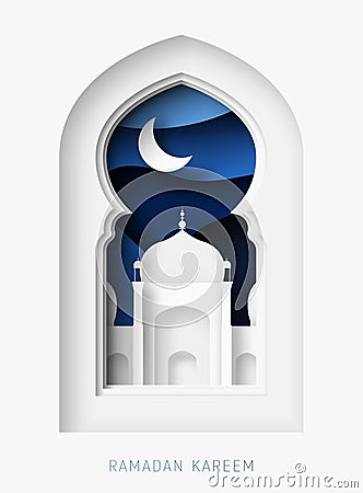 Ramadan Kareem 3d abstract paper cut illustration. Window with islamic mosque. moon and blue sky. Vector Illustration