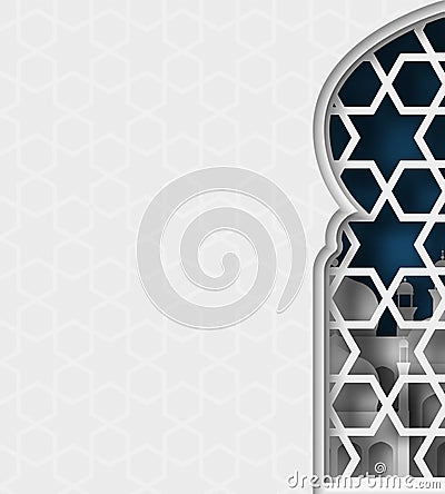 Ramadan Kareem 3d abstract paper cut illustration. Window with islamic mosque. moon and blue sky. Space for text. Vector Illustration