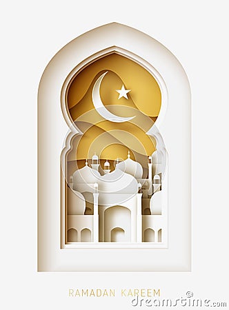 Ramadan Kareem 3d abstract paper cut illustration. Window with islamic mosque. moon and gold sky. Vector Illustration