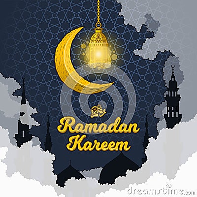 Ramadan Kareem in 3D Cartoon Word with Silhouette of Prophet Muhammad`s Mosque, Clouds, Crescent Moon and Luminous Lantern Vector Illustration