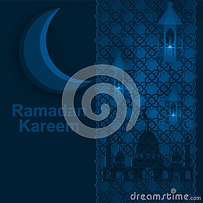 Ramadan Kareem, dark blue background with Oriental ornament, mosque, moon and Moroccan lamps. Vector Illustration