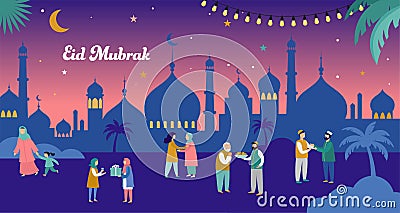 Ramadan Kareem, Eid mubarak, greeting card and banner with many people, giving gifts, food. Islamic holiday background Vector Illustration