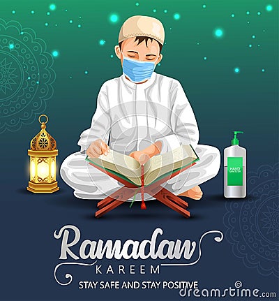 Ramadan kareem and eid mubarak greetings. Islamic boy reading Quran vector illustration design. covid-19, corona virus concept Vector Illustration