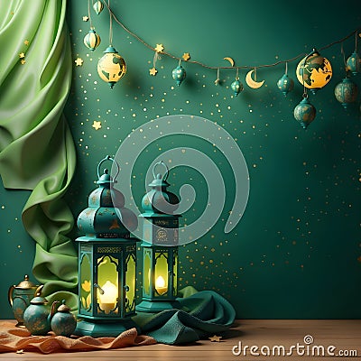 Ramadan Kareem and Eid Mubarak paper cut style with lantern on green background. Stock Photo