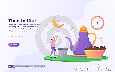 Ramadan kareem flat design concept. People are waiting for iftar time. happy when the time comes. time to iftar, happy iftar party Vector Illustration