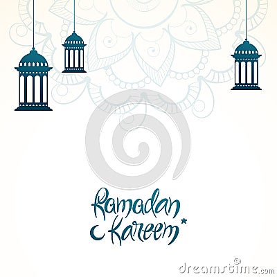 Ramadan Kareem Font With Crescent Moon, Star And Hanging Lanterns Decorated On White Half Mandala Stock Photo