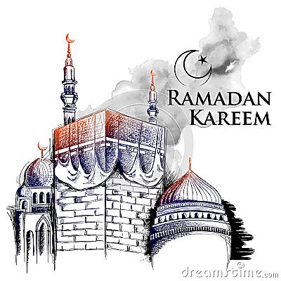 Ramadan Kareem Generous Ramadan greetings for Islam religious festival Eid with freehand sketch Mecca building Vector Illustration