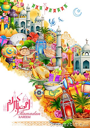 Ramadan Kareem Generous Ramadan greetings for Islam religious festival Eid on holy month of Ramazan Vector Illustration