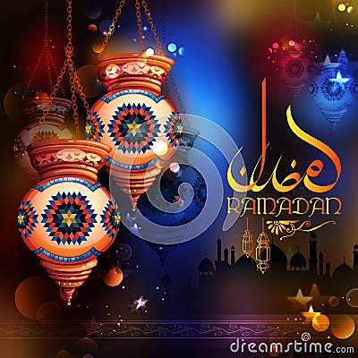 Ramadan Kareem Generous Ramadan greetings for Islam religious festival Eid with illuminated lamp Vector Illustration