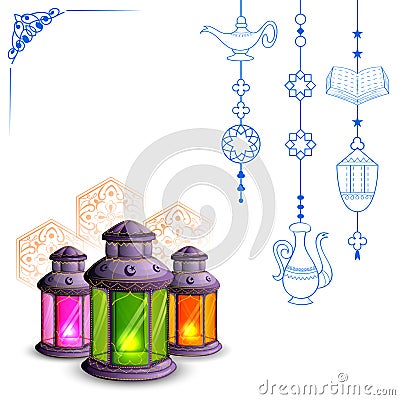 Ramadan Kareem Generous Ramadan greetings for Islam religious festival Eid with illuminated lamp Vector Illustration