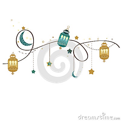 Ramadan Kareem gold and green colored with hanging lamps, crescents and stars frame Vector Illustration