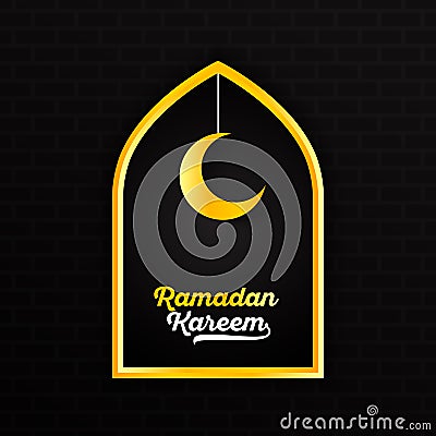 Ramadan Kareem with gold yellow white lettering and hanging crescent moon star in window border against dark brick wall background Cartoon Illustration