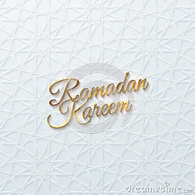 Ramadan Kareem golden label on white islamic girih pattern. Vector Illustration