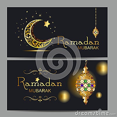 Ramadan kareem with golden luxurious crescen,template islamic ornate greeting card Vector Illustration