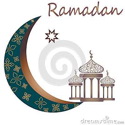 Ramadan kareem with golden luxurious crescent moon and lantern, template islamic ornate greeting card vector Vector Illustration