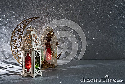 Ramadan Kareem. golden moon and lantern on glowing background for Holy month Ramadan celebration Stock Photo