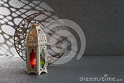 Ramadan Kareem. golden moon and lantern on glowing background for Holy month Ramadan celebration Stock Photo