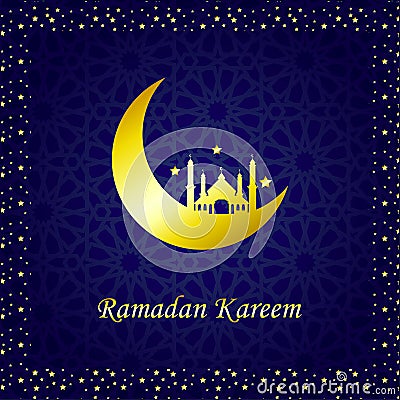 Ramadan Kareem Golden Vector. Moon and Mosque Vector Illustration