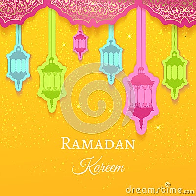 Ramadan Kareem greeting background colored arabic design patterns and lanterns, arabic lamp for promotion banner, ads Vector Illustration