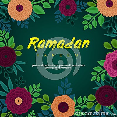 Ramadan Kareem greeting background decorated with flowers, leaves. Paper cutting style floral design Ramadan Kareem greeting card Vector Illustration