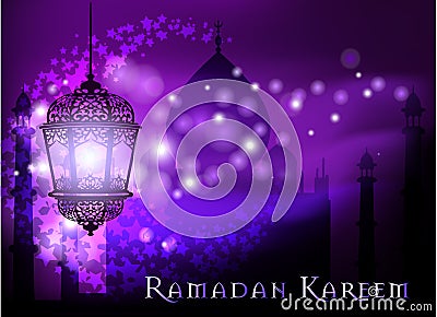 Ramadan Kareem greeting on blurred background with beautiful illuminated arabic lamp Vector illustration. Vector Illustration