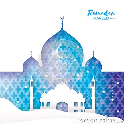 Ramadan Kareem Greeting card.. Arabic white window Mosque, desert, stars. Paper cut style. Arabesque pattern. Crescent Vector Illustration