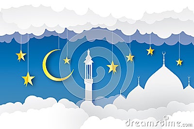 Ramadan Kareem Greeting card.. Arabic window Mosque, clouds, gold stars. Paper cut style. Crescent Moon. Vector Vector Illustration