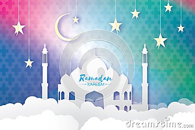 Ramadan Kareem Greeting card.. Arabic window Mosque, clouds, white stars. Paper cut style. Arabesque pattern. Origami Vector Illustration