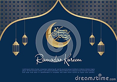 Ramadan kareem greeting card background with lanterns, moon, arab calligraphy and islamic ornaments in blue style Stock Photo