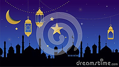 Ramadan kareem greeting card and banner. Islamic lantern on moon abd stars background. Vector illustration Vector Illustration