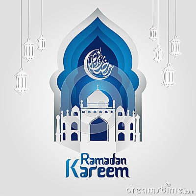 Ramadan Kareem Greeting card file in free hand write with a modern paper craft style Cartoon Illustration