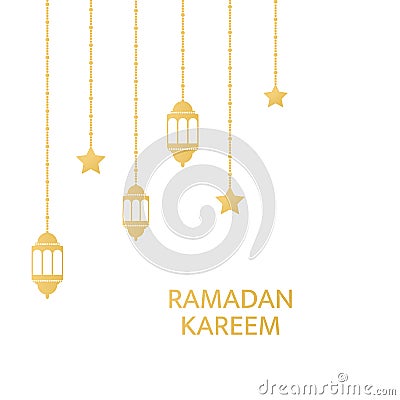 Ramadan Kareem greeting card frame. Golden fanoos, crescent and stars hanging on white background. Luxury gold design Vector Illustration