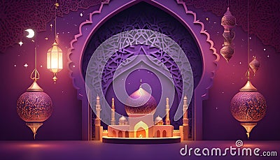 ramadan kareem greeting card with golen mosque and purple lanterns Vector Illustration