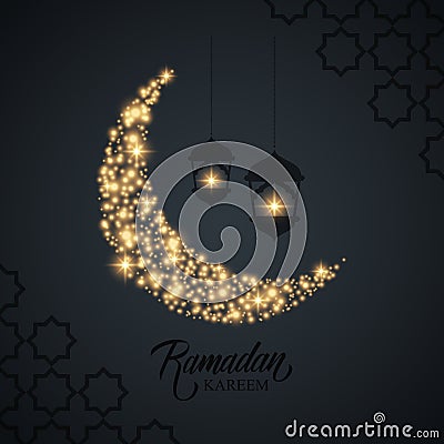 Ramadan Kareem greeting card with handwritten inscription holiday greetings, gold sparks crescent moon and arabic lanterns. Vector Illustration