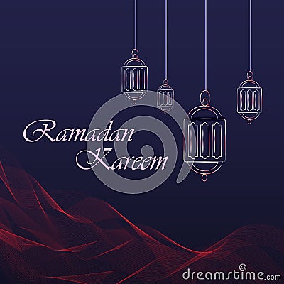 Ramadan Kareem greeting card. Hanging lanterns and beautiful wave like sand in desert. Vector Illustration