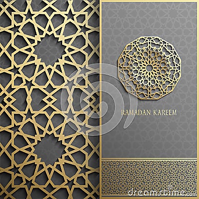 Ramadan Kareem greeting card,invitation islamic style.Arabic circle golden pattern.Gold ornament on black, brochure Vector Illustration