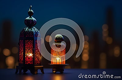 Ramadan Kareem greeting card with lantern. Islamic celebration design. Generative AI Stock Photo