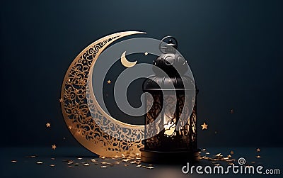 Ramadan Kareem greeting card with moon and lantern on dark blue background. Generative AI Stock Photo