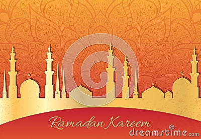 Ramadan Kareem greeting card. Mosque silhouette illustration. Cartoon Illustration