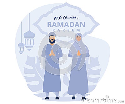 Ramadan kareem greeting card. muslim holding misbaha tasbih on islamic pattern background. Vector Illustration