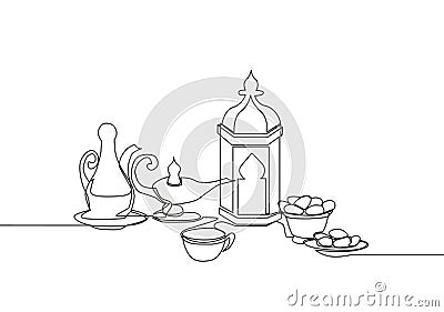 Ramadan Kareem greeting card, poster and banner design. One single line drawing of Islamic ornament lantern, glass, dates fruit, Vector Illustration