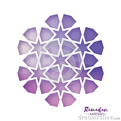 Ramadan Kareem Greeting card . Purple Origami Arabesque Mosque Window. Arabic Ornamental pattern in paper cut style.Holy Vector Illustration