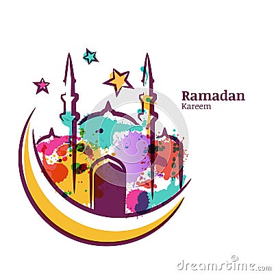 Ramadan Kareem greeting card with watercolor isolated illustration of multicolor mosque on moon. Vector Illustration