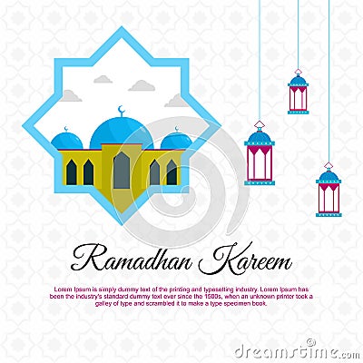 Ramadan Kareem greeting cards cartoon vector design with mosque and lantern. Hoping for an Islamic festival. Vector Illustration