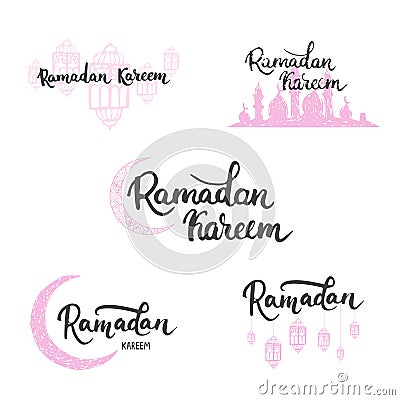 Ramadan Kareem greeting cards set background with lanterns, lettering and mosque. Vector illustration for Ramadan Vector Illustration