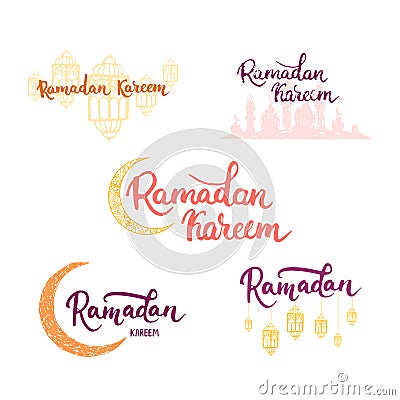 Ramadan Kareem greeting cards set background with moon, lanterns, lettering and mosque. Vector illustration for Ramadan Vector Illustration