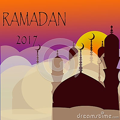 Ramadan Kareem greeting with mosque and calligraphy lettering which means ``Ramadan kareem`` on night cloudy Vector Illustration