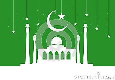 Ramadan Kareem greeting with mosque on night green background. Vector Illustration